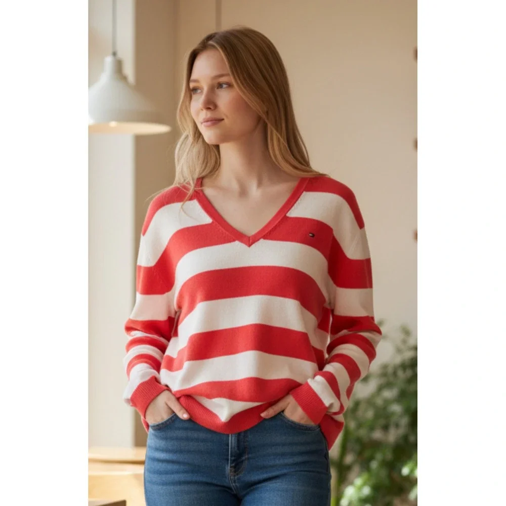 Tommy Hilfiger Women's Striped V Neck‎ Sweater Coral Pink White Size Large